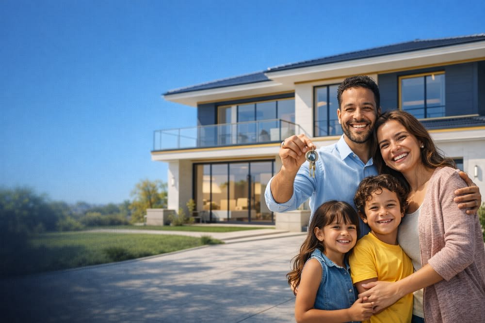 Yeni evinin anahtarını teslim almış mutlu bir aile