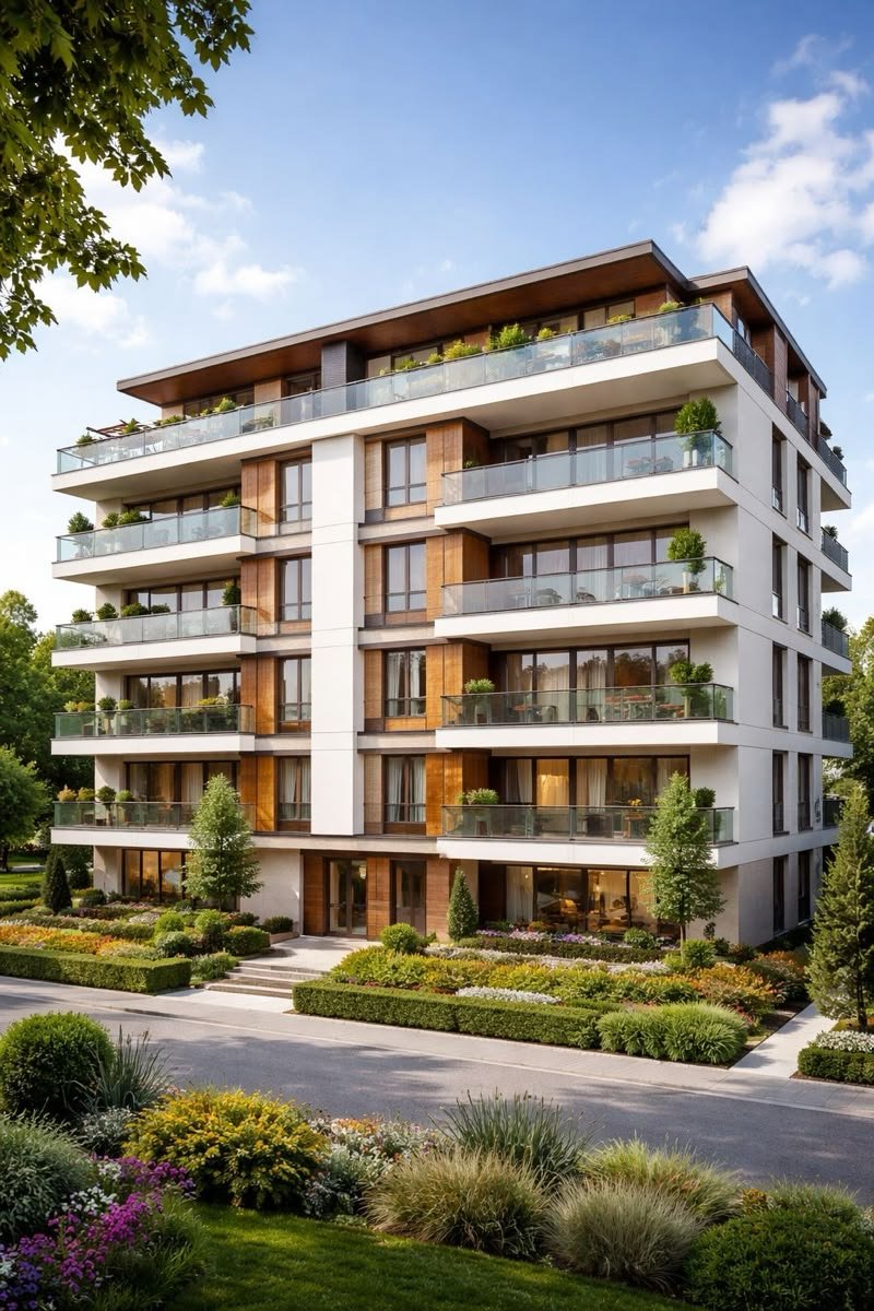 Bahçeli, geniş balkonlu modern apartman projesi