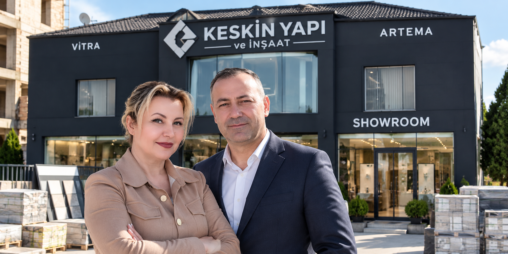 Keskin Yapı showroom binası önünde Aynur KESKİN ve Nadir KESKİN
